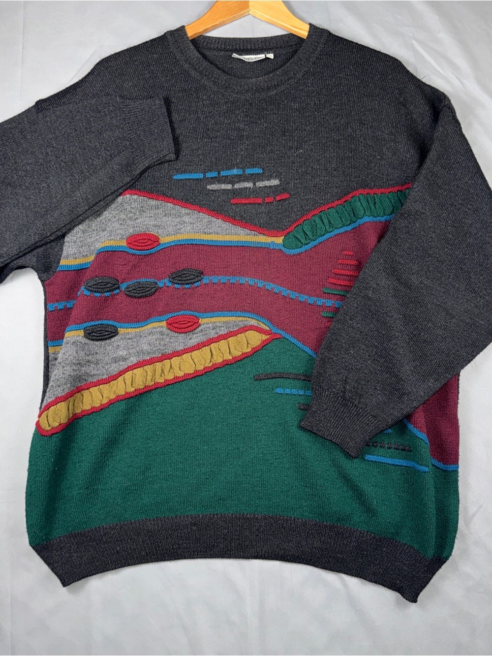 Vintage Monello Italy Abstract Coogi Style Wool Blend Knit Sweater Size 56